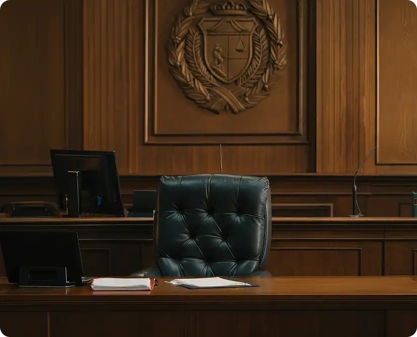 Puste miejsce sędziego w sali sądowej z herbem na ścianie i monitorami roboczymi.