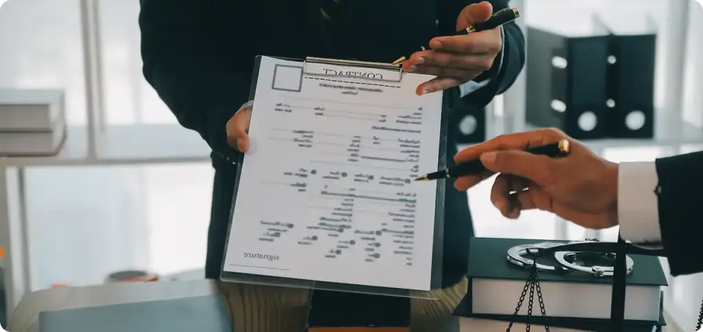 Prawnicy analizują umowę i wskazują punkty dokumentu przy stole z książkami prawniczymi i wagami sprawiedliwości.