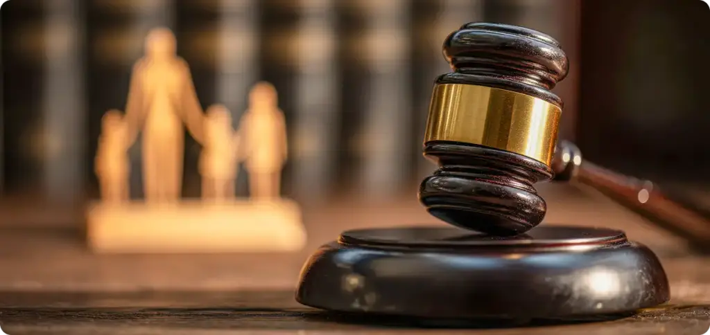 Zbliżenie na młotek sędziowski na podstawce w sali sądowej, na tle zamazanej sylwetki rodziny.