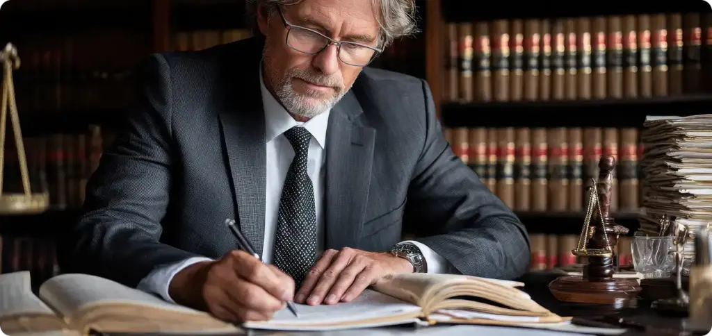 Doświadczony prawnik studiuje dokumenty przy biurku w gabinecie z książkami prawniczymi.