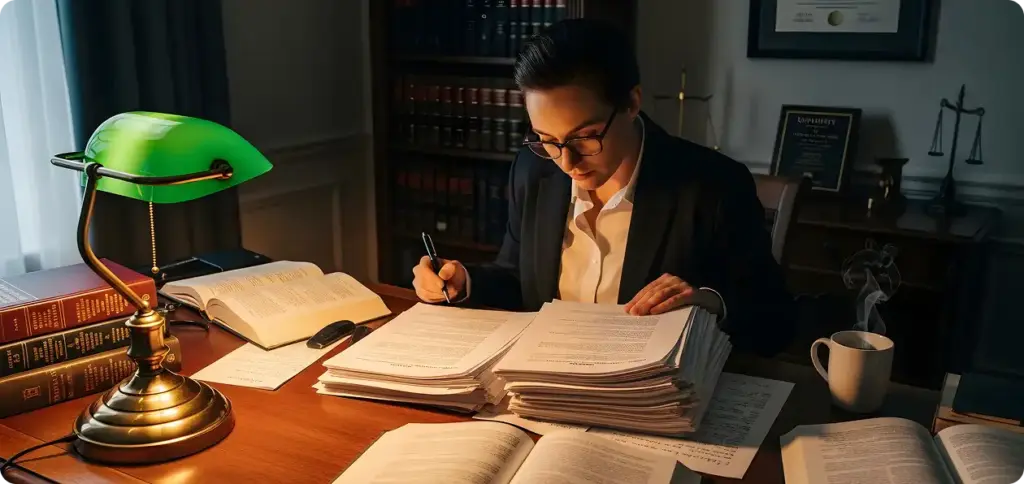 Kobieta prawnik pracuje z dokumentami przy biurku w gabinecie z książkami i lampą stołową.
