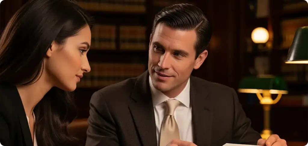 Adwokat wyjaśnia klientce informacje zawarte w książce prawniczej podczas spotkania w biurze.