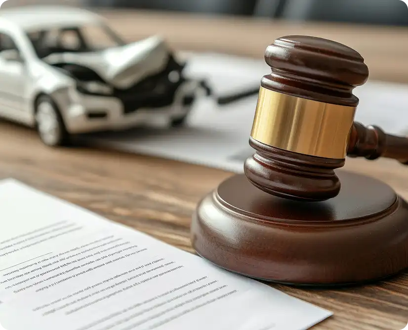 Młotek sędziowski na dokumentach i rozbity samochód po wypadku drogowym w tle.