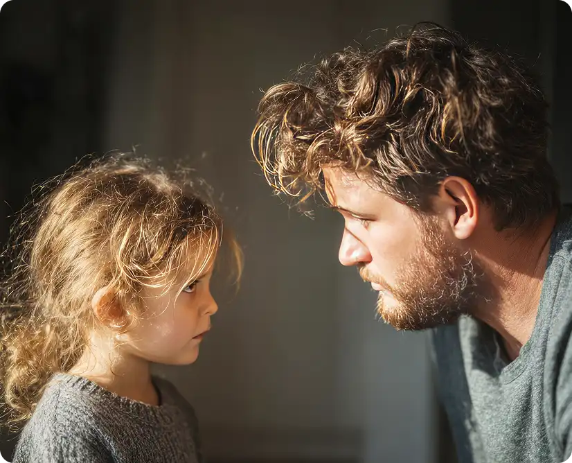 Ojciec i mała córka rozmawiają twarzą w twarz w promieniach słońca.